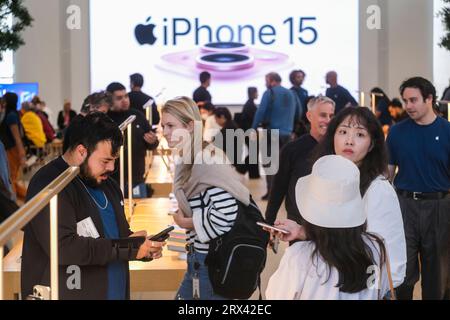 Los Angeles, Usa. September 2023. Ein Mitarbeiter unterstützt Kunden im Apple The Grove in Los Angeles. Das neue iPhone 15-Sortiment von Apple kann ab Freitag im Geschäft erworben werden. (Foto: Ringo Chiu/SOPA Images/SIPA USA) Credit: SIPA USA/Alamy Live News Stockfoto