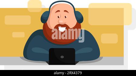 Lächelnder Mann mit Kopfhörern, Illustration, Vektor auf weißem Hintergrund. Stock Vektor