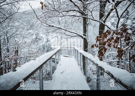 Gefrorener und schneebedeckter Aussichtspunkt (Ort) mit fantastischem Blick auf schneebedeckte Berge im kalten Winter. Holzweg mitten im Tal. Stockfoto