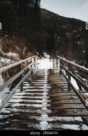 Alte verschneite Brücke in den Bergen - Winterzeit. Vertikales Foto einer hölzernen Brücke über den wilden Fluss mit Bergen im Hintergrund. Stockfoto
