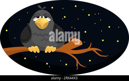 Vogel sitzt auf einem Baumzweig im Dunkeln, Illustration, Vektor auf weißem Hintergrund. Stock Vektor