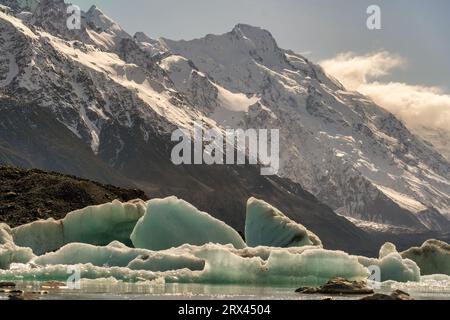 Gruppe von Eisbergen, die auf der Oberfläche des Tasman Lake im Mount Cook National Park schweben Stockfoto