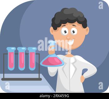 Chemiker mit Röhrchen, Illustration, Vektor auf weißem Hintergrund. Stock Vektor