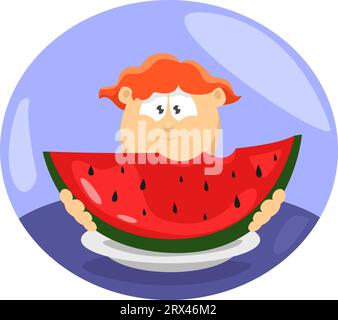 Junge isst Wassermelone, Illustration, Vektor auf weißem Hintergrund. Stock Vektor