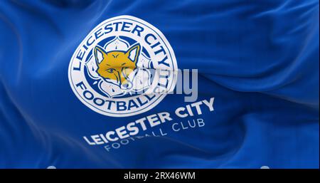 Leicester, UK, 21. September 2023: Nahaufnahme der Flagge von Leicester City FC. Englischer Fußballverein aus Leicester. Illustrativer Leitartikel Stockfoto