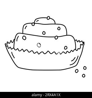 Köstliches Zimtbrötchen mit Zucker bestreut in der Trägerpapierschale, Doodle-Stil flache Vektor-Umrissillustration für Kinder Malbuch Stock Vektor