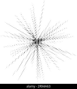 Halbton-Burst-Hintergrund. Abstraktes gepunktetes Starburst-Element. Schwarzes Licht mit strukturiertem Grunge-Effekt. Pop-Art-Stil, Punktexplosion. RETRO Noise Grain SHINE STAR FLARE. Gepixelte Vektorillustration Stock Vektor
