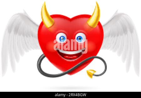 Rote Herzfigur mit goldenen Hörnern, Weißen Engelsflügeln und schwarzem Schwanz. Niedliche Illustration Im Cartoon-Stil. Romantische Liebe Liebeskummer Symbol. St-Vent Stock Vektor