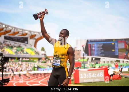 Hansle Perchment (JAM) gewinnt die 110-m-Hürden der Männer 12,93 bei den Diamond League Championships am Sonntag, den 17. September 2023, in der EU Stockfoto