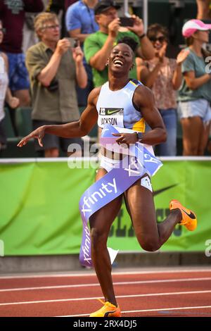 Shericka Jackson (JAM) gewinnt 21,57 bei den Diamond League Championships beim Pre-Classic am Sonntag, den 17. September 2023, in Eugene, die 200 m der Frauen. Stockfoto