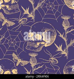 Nahtloses, einfarbiges Halloween-Muster mit realistischem menschlichen Schädel, Spinnennetz, Motten und Blumen. Gotischer Druck im Retro-Stil. Stock Vektor