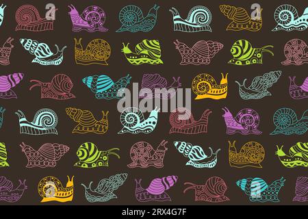 Schnecke mit nahtlosem Muster mit Kritzelverzierung. Abstrakter, wiederholter kindlicher, linearer, abstrakter Molluskhintergrund. Schnecken endloses Design für Banner, Flyer Poster, Postkarte, Werbung, Einladungsvektor Stock Vektor