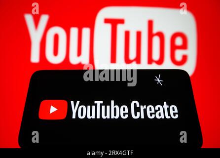 Ukraine. September 2023. In dieser Abbildung wird das YouTube Create-Logo auf einem Smartphone-Bildschirm angezeigt. Quelle: SOPA Images Limited/Alamy Live News Stockfoto