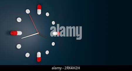 Medikamentenuhr, konzeptionelle Illustration. Dies könnte die Zeit widerspiegeln, die verschiedene Arzneimittel einnehmen sollten. Stockfoto