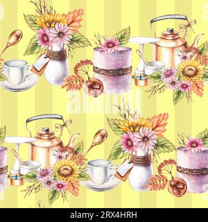Aquarellmuster mit Herbstkompositionen auf gelbem Hintergrund. Handgezeichnete Blumen und Teeparty. Herbstmuster. Nahtloses Herbstmuster mit Dis Stockfoto