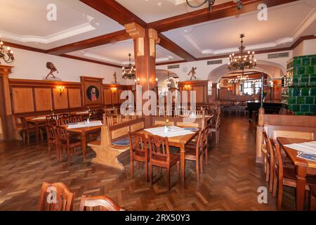 München, Deutschland - 20. August 2010: Einer der Säle des Hofbräuhauses München, verschwommener Hintergrund Stockfoto