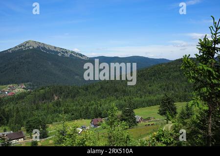 Berglandschaft mit kleinem Dorf in den Karpaten, Ukraine Stockfoto