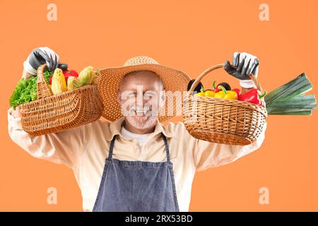 Reifer männlicher Farmer mit Korbkörben voller reifer Gemüsesorten auf orangefarbenem Hintergrund Stockfoto