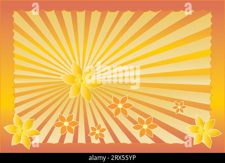 Orangefarbenes und gelbes Blumendesign mit Muschelrand. Blumen in der unteren Hälfte Stock Vektor