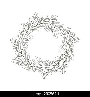Ein Kranz aus Olivenzweigen. Ölzweig in Form eines Kranzes. Vektorzusammensetzung. Ein von Hand gezeichneter struktureller Zweig, grafische Blätter auf einem weißen Backgrou Stock Vektor