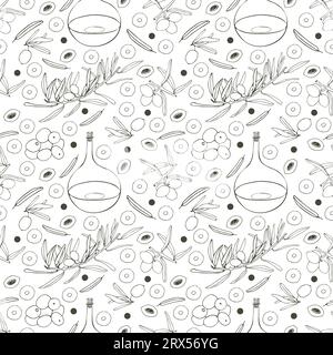 Nahtloses Muster von Olivenzweigen, Blättern, Glasflasche für Öl, Oliven. Vektorzusammensetzung. Design für Gewebe, Papier, Textilien. Hintergrundbild Stock Vektor