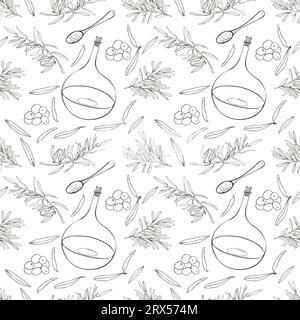 Nahtloses Muster von Olivenzweigen, Blättern, Glasflasche für Öl, Oliven. Vektorzusammensetzung. Design für Gewebe, Papier, Textilien. Hintergrundbild Stock Vektor