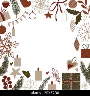 Vektor Weihnachten quadratische Vorlage, festliches Neujahrsdekor mit Kerze, Stern, Geschenkbox, Weihnachtsbaumspielzeug, stechpalme Pflanzen, Mistel, rote Beeren Stock Vektor