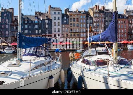 HONFLEUR, FRANKREICH - 1. SEPTEMBER 2019: Dies ist ein Blick auf St. Katharina's Embankment vom Yachthafen auf der St. Etienne Quay in der Altstadt. Stockfoto