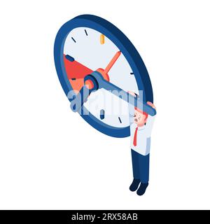 Flacher, isometrischer 3D-Geschäftsmann, der an der Uhr hängt. Deadline- und Zeitmanagement-Konzept. Stock Vektor