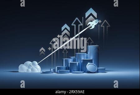 Raketenstart über Münzstapel, Webbanner auf blauem Hintergrund. Reaktives rasches Wachstum des Wirtschaftsindikators. Gelddiagramm zum Investitionsgeschäft gr Stockfoto