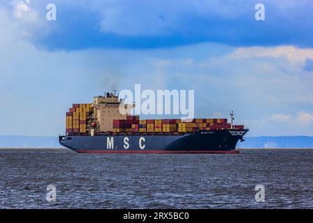 Containerschiff MSC Hon Kong V in Richtung Royal Portbury Docks Stockfoto