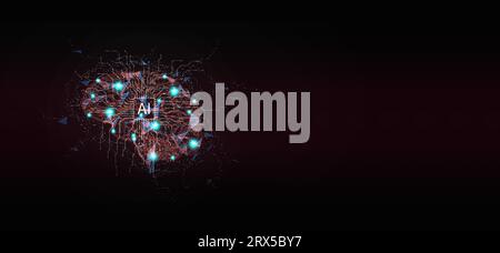 KI-Gehirn. Low-Poly-Drahtgitter der künstlichen Intelligenz. Polygonale Linienart-KI-Verarbeitungseinheit. Stockfoto