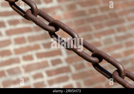 Rostige Ketten Backsteinhintergrund, ein Symbol für Stärke und Unterdrückung, in der Industrie in Brechstangen sowie in der Sklaverei verwendet. Sehr große Kettenglieder. Stockfoto