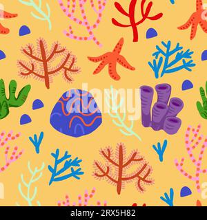 Niedliches Vektor-buntes nahtloses Muster mit roten Korallen auf orangem Hintergrund. Korallenriff, Muscheln, Sternenfische. Vektorillustration Stock Vektor