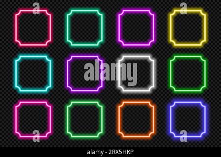 Neon-Set mit quadratischem Rahmen. Leuchtende, bunte, abgerundete Ecken. UI-Elemente für Aktionsschaltflächen in Vintage-Form mit Kopierbereich. Violett, blau, rosa, gelb Stock Vektor