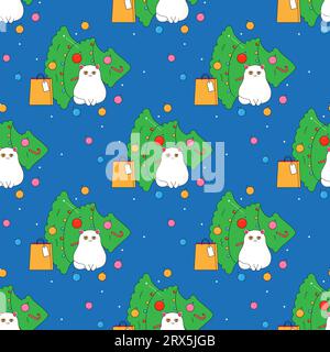 Die Katze und der Weihnachtsbaum, der Kakteen-Öko-Baum. Im psychedelischen Groovy-Stil. Nahtloses Muster auf Stoff, Geschenkpapier, Bettwäsche, Kleidung. Stock Vektor
