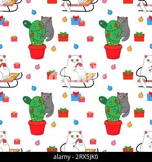 Die Katze und der Weihnachtsbaum, der Kakteen-Öko-Baum. Im psychedelischen Groovy-Stil. Nahtloses Muster auf Stoff, Geschenkpapier, Bettwäsche, Kleidung. Stock Vektor