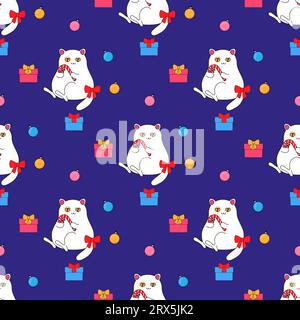 Katze mit Süßigkeiten weihnachten Neujahr. Im psychedelischen Groovy-Stil. Nahtloses Muster auf Stoff, Geschenkpapier, Bettwäsche, Kleidung. Stock Vektor