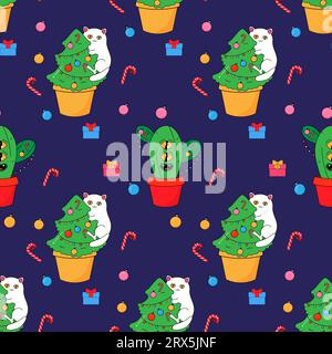 Die Katze und der Weihnachtsbaum, der Kakteen-Öko-Baum. Im psychedelischen Groovy-Stil. Nahtloses Muster auf Stoff, Geschenkpapier, Bettwäsche, Kleidung. Stock Vektor
