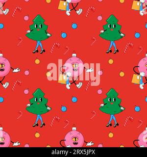 Nahtloses Muster, psychedelische Weihnachten, Neujahr. Weihnachtsbaum und -Ball. Vektorillustration Stock Vektor