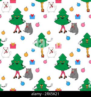 Die Katze und der Weihnachtsbaum, der Kakteen-Öko-Baum. Im psychedelischen Groovy-Stil. Nahtloses Muster auf Stoff, Geschenkpapier, Bettwäsche, Kleidung. Stock Vektor