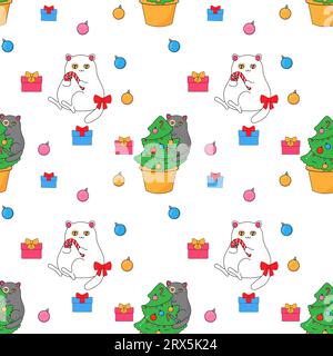 Die Katze und der Weihnachtsbaum, der Kakteen-Öko-Baum. Im psychedelischen Groovy-Stil. Nahtloses Muster auf Stoff, Geschenkpapier, Bettwäsche, Kleidung. Stock Vektor