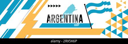 ARGENTINIEN Nationaltagsbanner mit Karte, Flaggenfarben Themenhintergrund und geometrischem abstraktem Retro-Design mit hochgezogenen Händen oder Fäusten. Stock Vektor