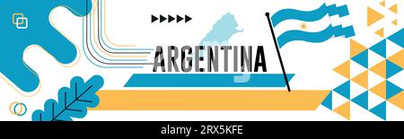 ARGENTINIEN Nationaltagsbanner mit Karte, Flaggenfarben Themenhintergrund und geometrischem abstraktem Retro-Design mit hochgezogenen Händen oder Fäusten. Stock Vektor