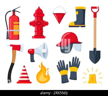 Notfallausrüstung für Feuerwehrleute. Axt, Schlauch, Hydrant, Feuerlöscher, Sicherheitskegel, Spaten-Feuerwehrwerkzeuge. Tragbare Feuerwehrgeräte für PR Stock Vektor