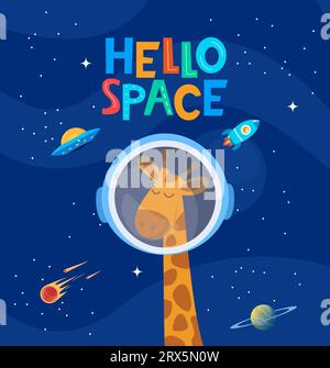 Hallo Leerzeichen. Niedlicher Karikaturdruck mit Giraffe-Astronautencharakter und Schriftzug. Design für Kindermodestoffe, Textilgrafiken und Drucke. Motiv Stock Vektor