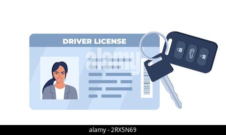 Führerschein-ID-Karte und Autoschlüssel mit Charme der Alarmanlage. Persönliche Daten. Ausweisdokument mit Personenfoto. Führerschein. Ve Stock Vektor