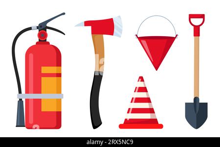 Notfallausrüstung für Feuerwehrleute. Axt, Schlauch, Hydrant, Feuerlöscher, Sicherheitskegel, Spaten-Feuerwehrwerkzeuge. Tragbare Feuerwehrgeräte für PR Stock Vektor