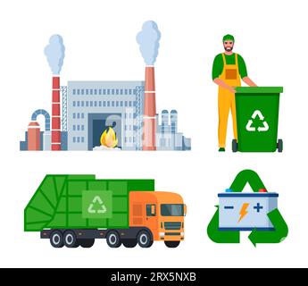 Verbrennungsanlage und Müllwagen. Müllmann in Uniform mit grünem Mülleimer. Elementsatz wird recycelt. Vektorillustration Stock Vektor
