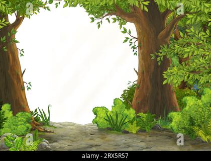 Cartoon-Sommerszene mit Wiese im Wald mit weißer Hintergrundillustration für Kinder Stockfoto